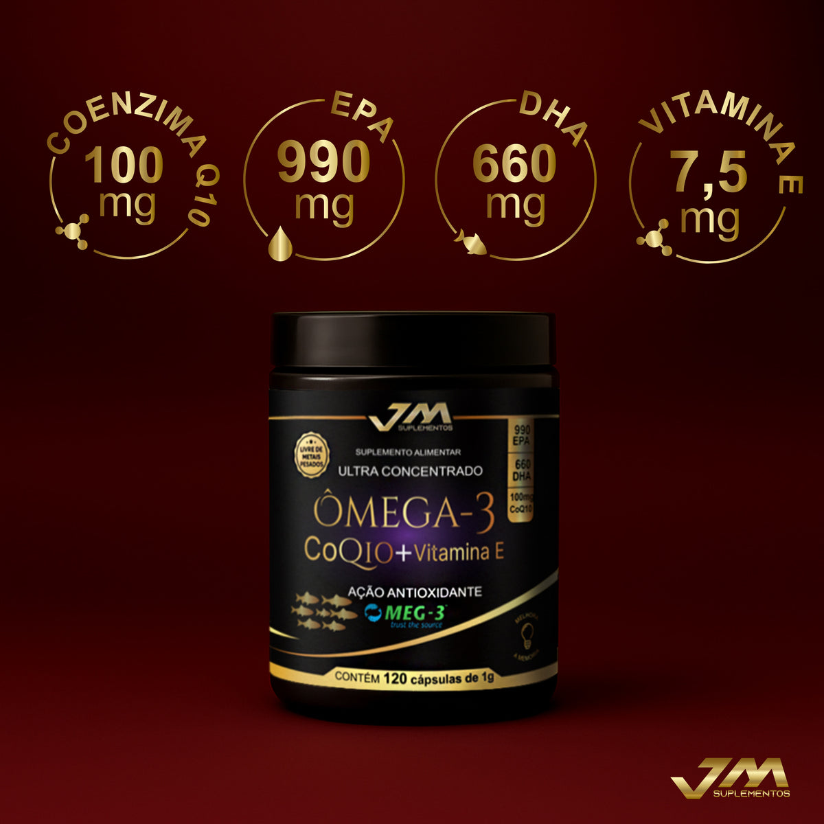 Ômega 3 Meg3 + Coenzima Q10 + Vitamina E 120 Capsulas Jmsuplementos